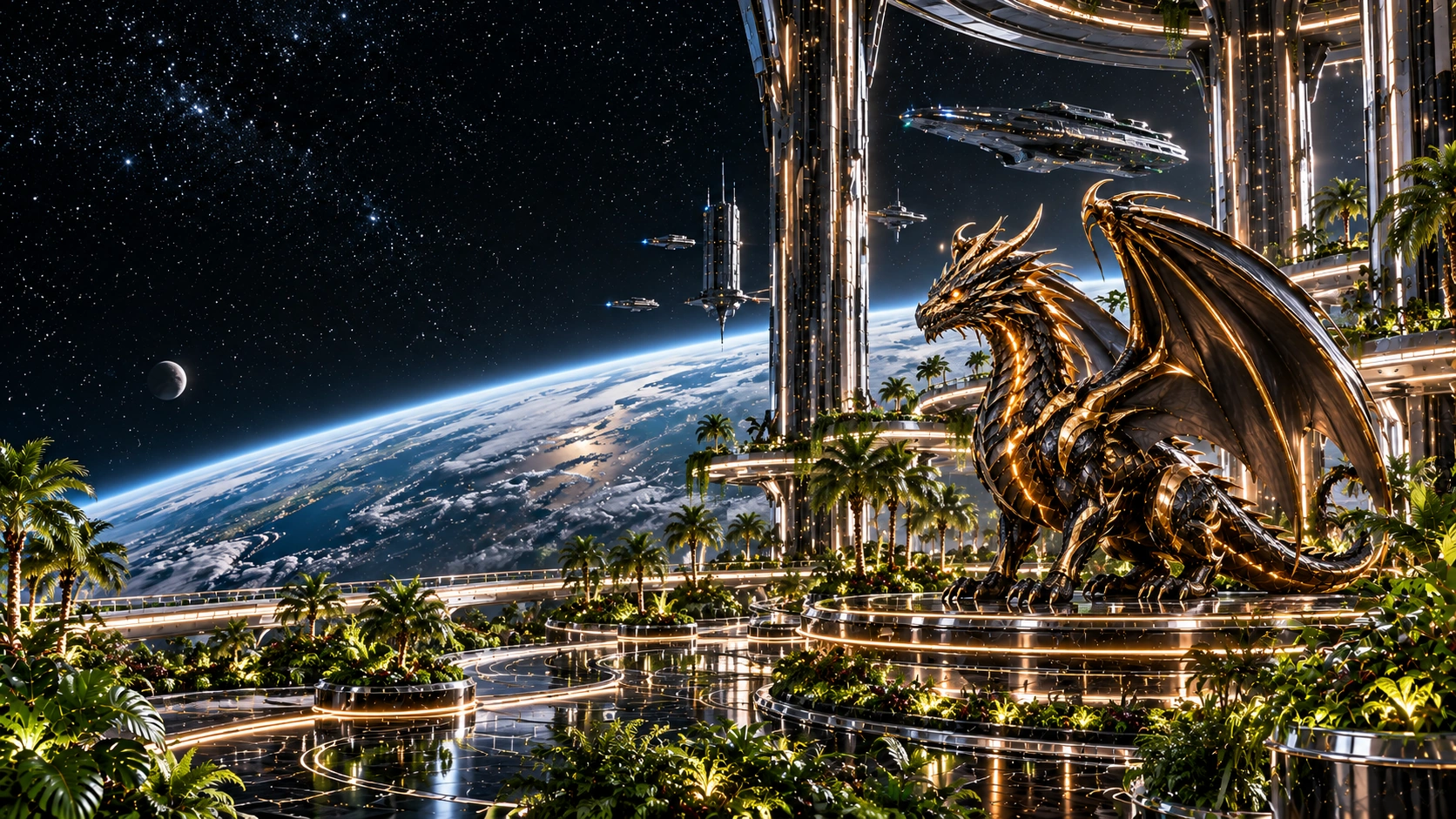A black-and-gold dragon standing at the right of a spacious orbital garden, with a silver-blue planet, open space, indoor palms, and detailed chrome architecture