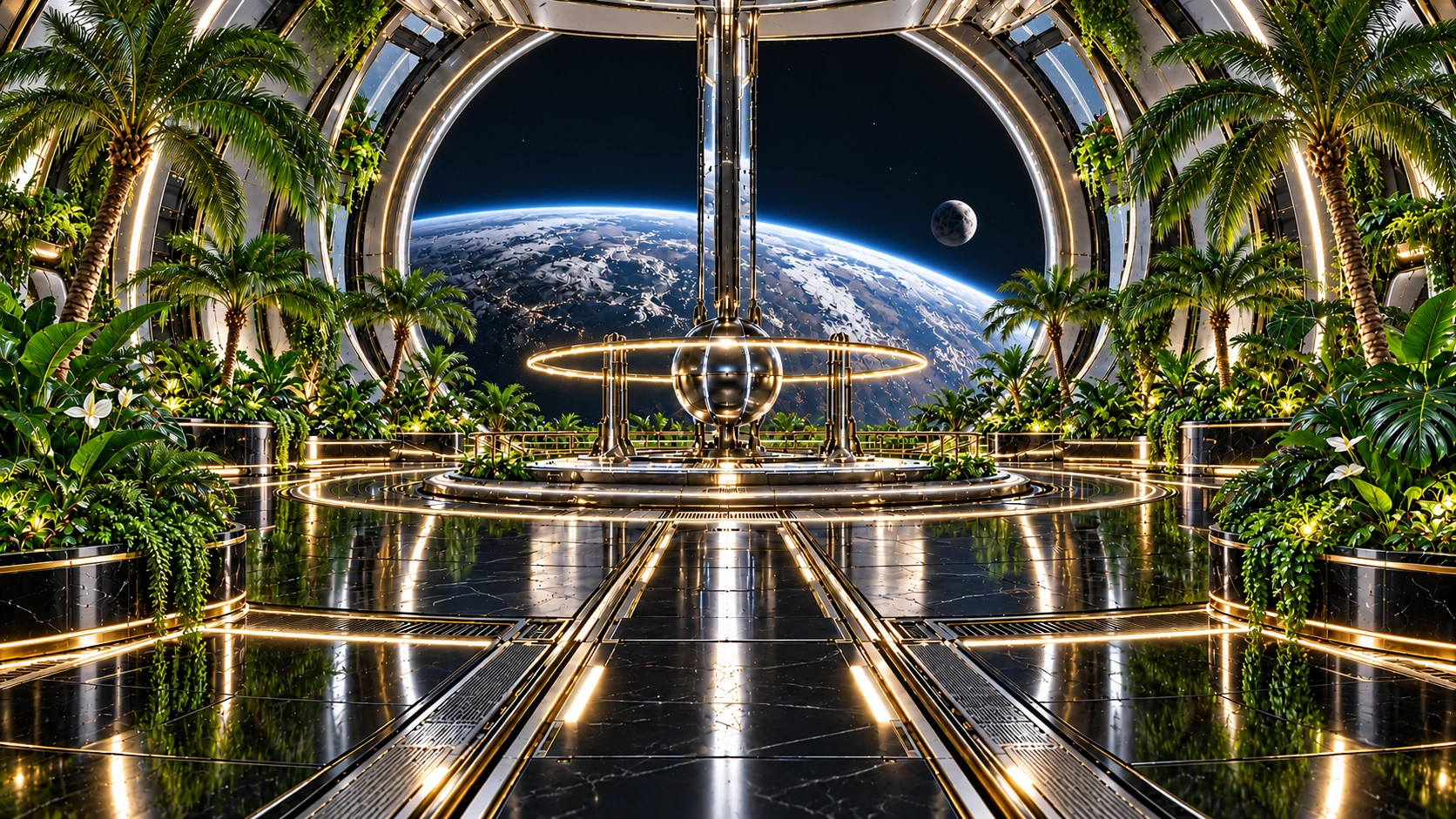 A crisp botanical spacecraft observatory with lush tropical gardens, indoor palm trees, and a silver planet beyond the panoramic window